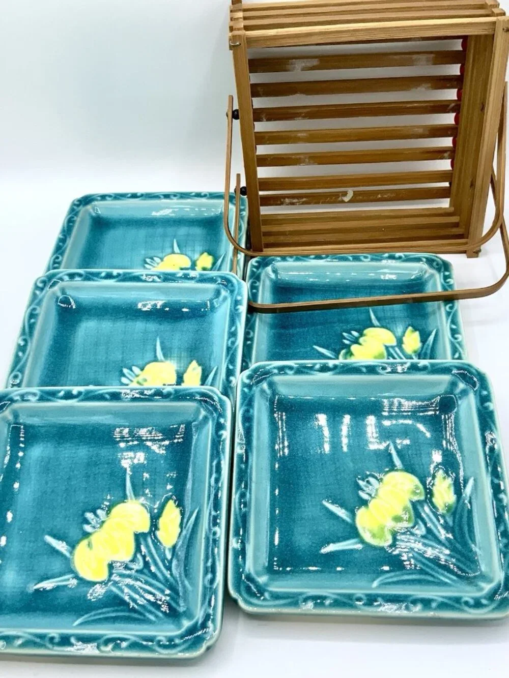 Vintage Turquoise Teal Ceramic Coaster Small Plate Set 5 Plates + Bamboo Holder